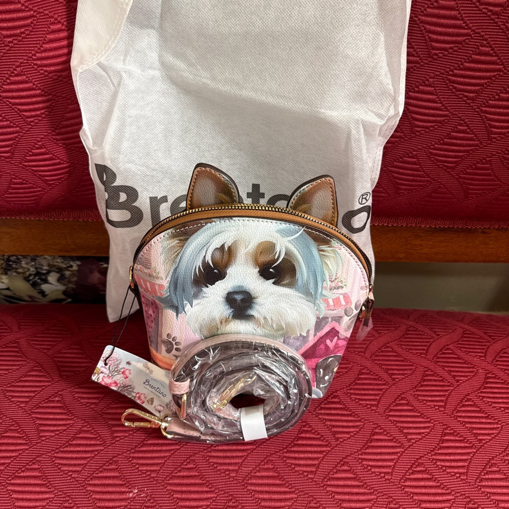 Brentano Crossbody Bag Dog Print Pink & White with Adjustable Strap